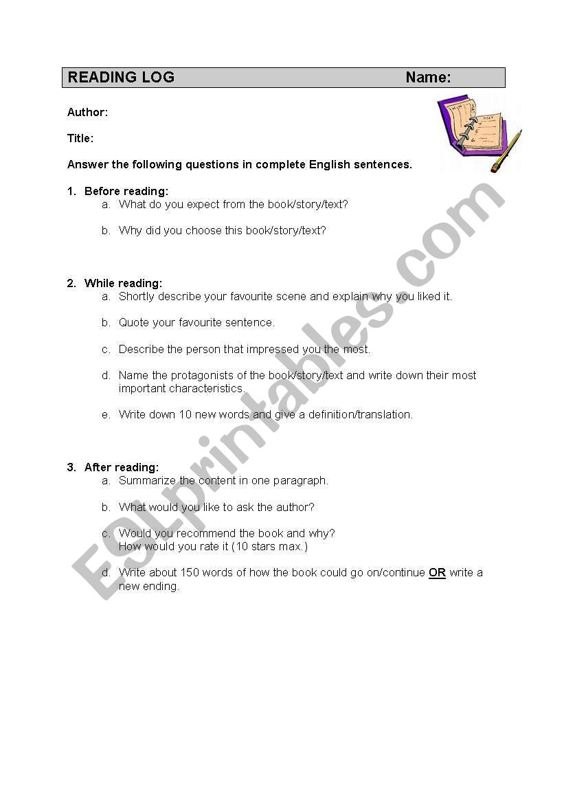 Reading Log worksheet