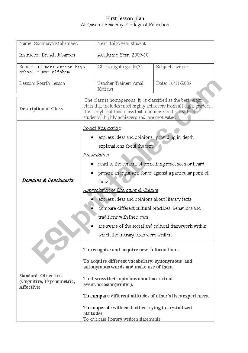 lesson plan about the winter worksheet