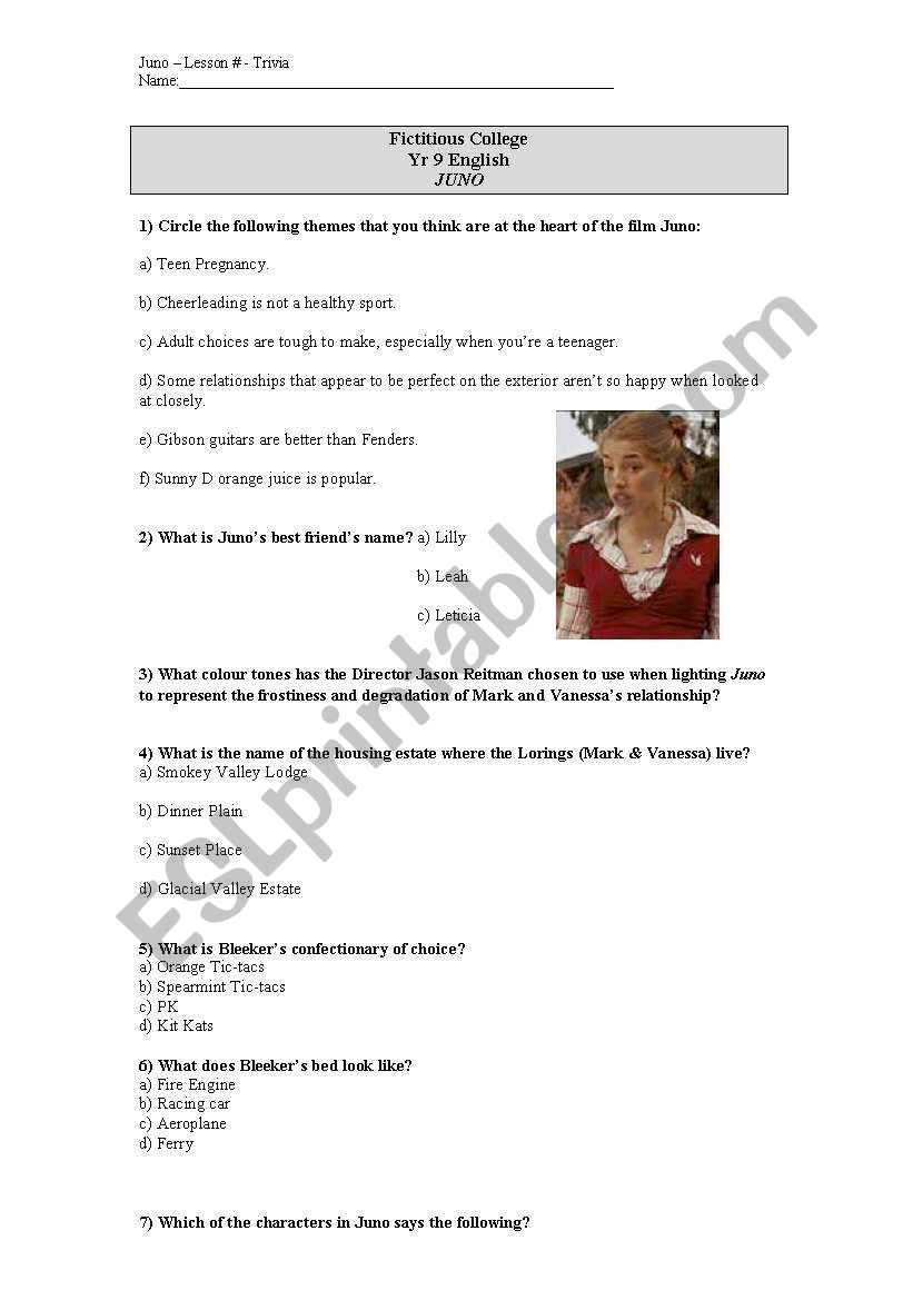 Juno Trivia Handout worksheet