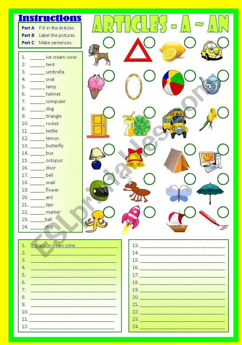 Articles A-An (B/W & Keys) worksheet