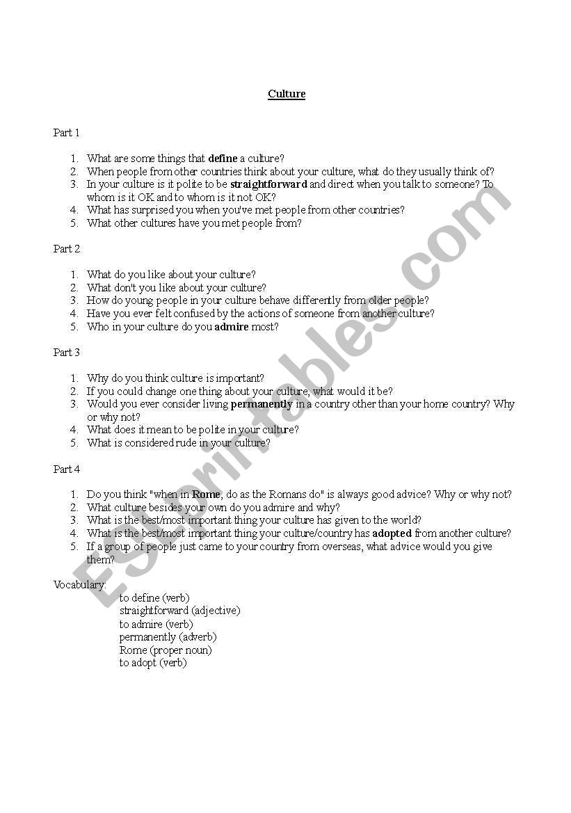 culture discussion worksheet