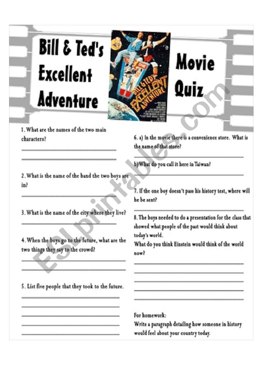 Bill & Teds Excellent Adventure Movie Quiz and PreMovie Vocab Sheet