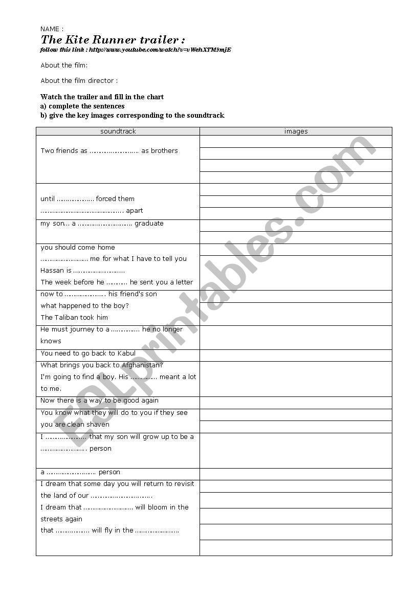 The Kite Runner movie trailer worksheet