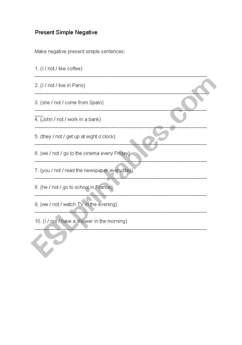 Present simple negative worksheet