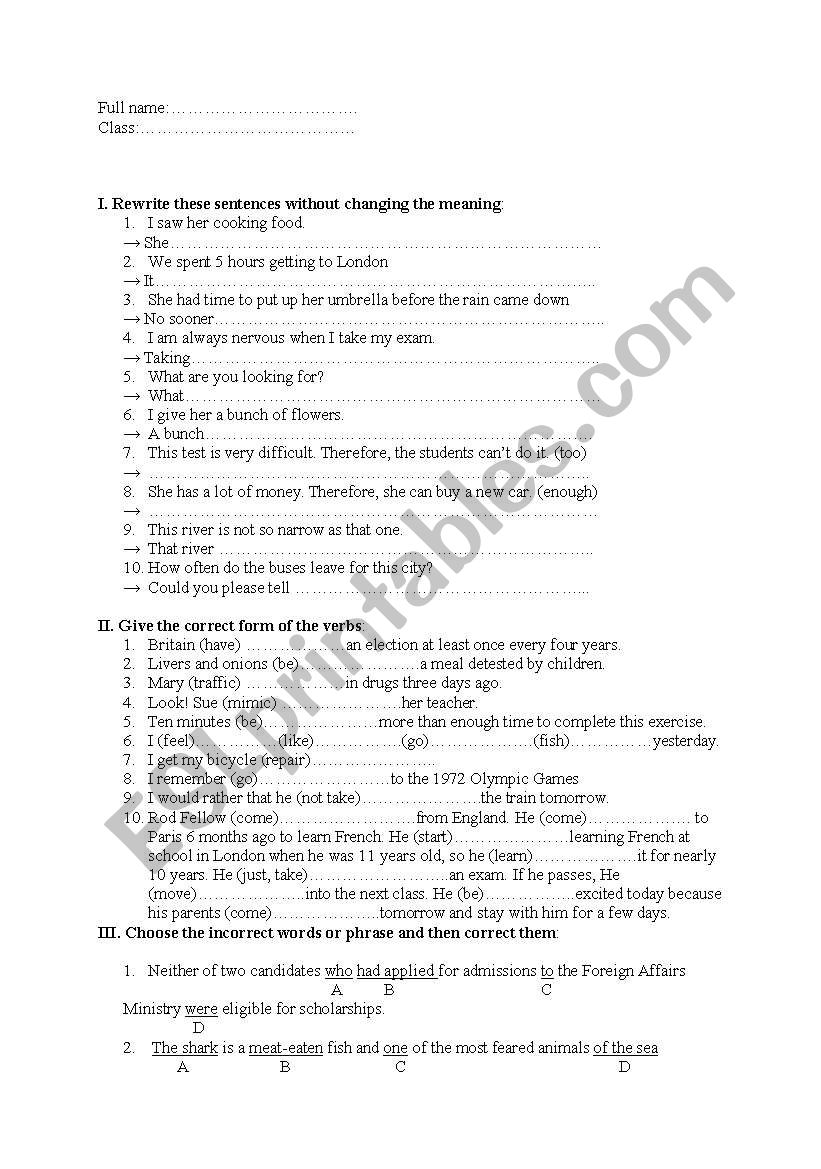 grammar test worksheet