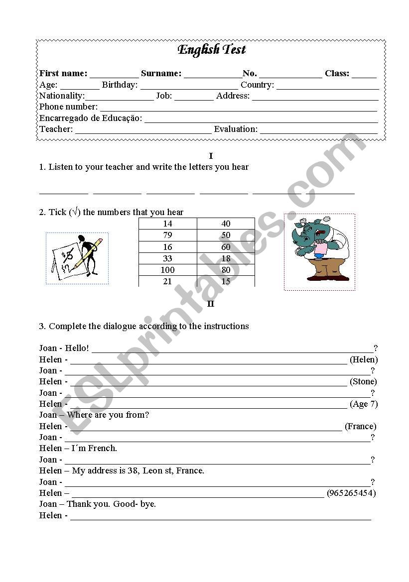 english test worksheet