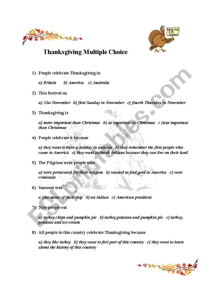 Thanksgiving muliple choice worksheet