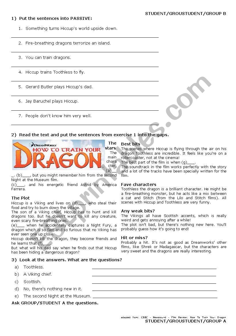 PRESENT SIMPLE PASSIVE: How to Train Your Dragon GROUPWORK/PAIWORK
