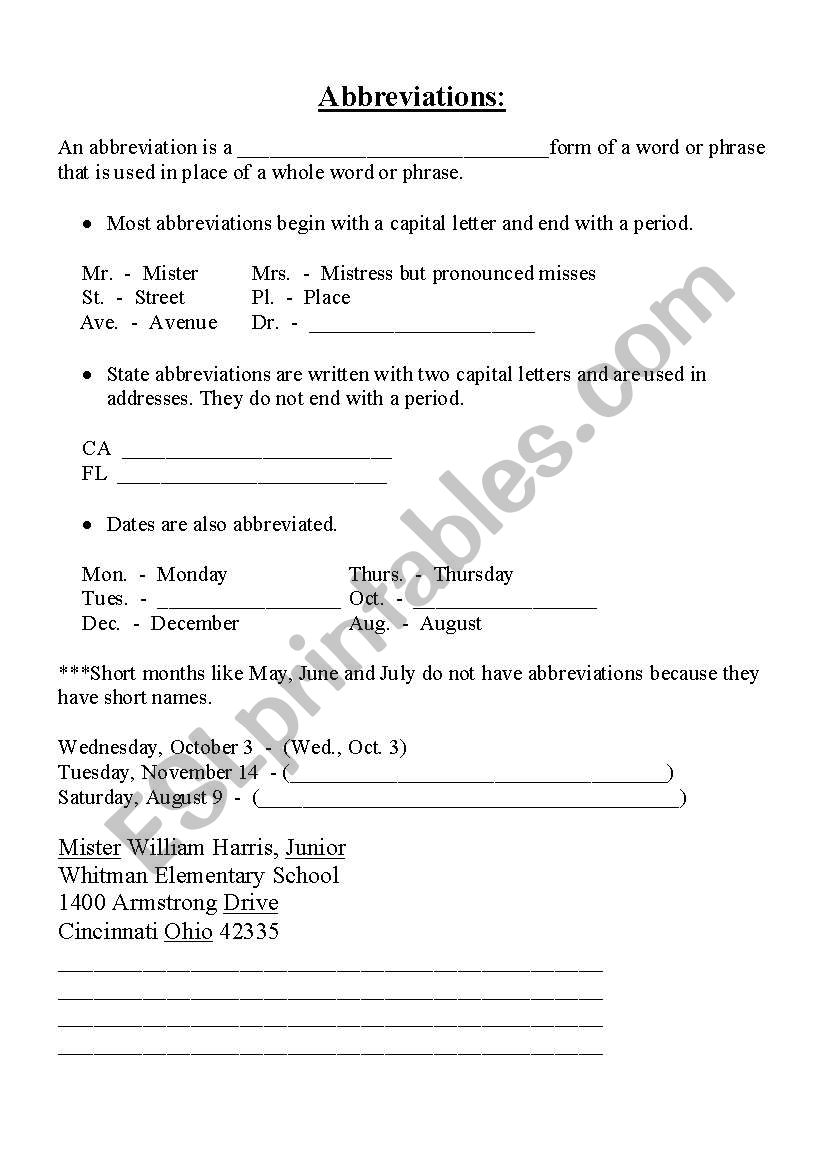 Abbreviations worksheet