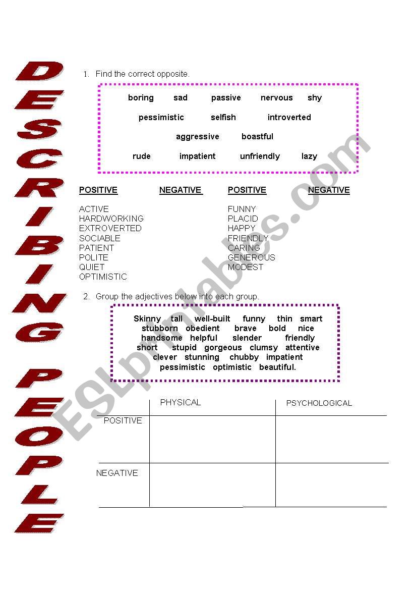 DESCRIBING PEOPLE worksheet