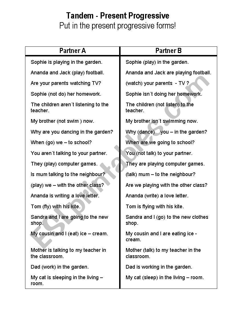 Tandem sheet - Present continous