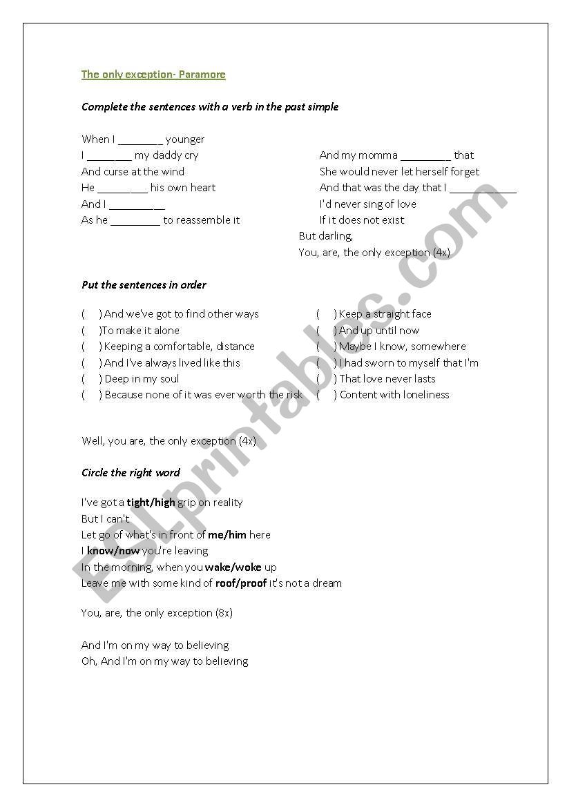 The only excepyion worksheet