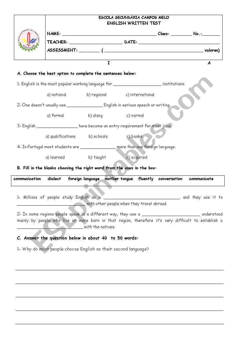 test -  an erasmus student worksheet