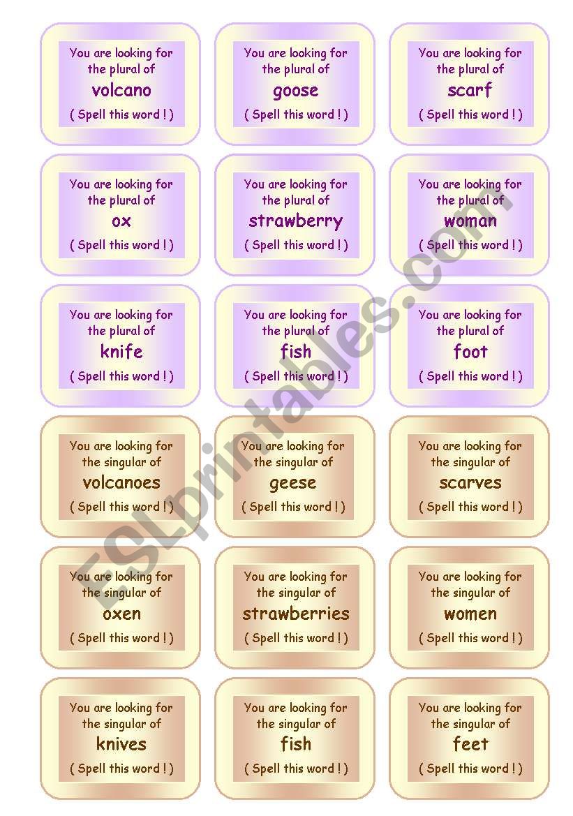 FUNNY SPEAKING AND SPELLING GAME ON PLURALS  72 CARDS  B&W VERSION INCLUDED!! (9 pages)
