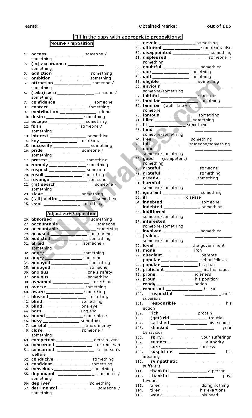 Test on Prepositions worksheet