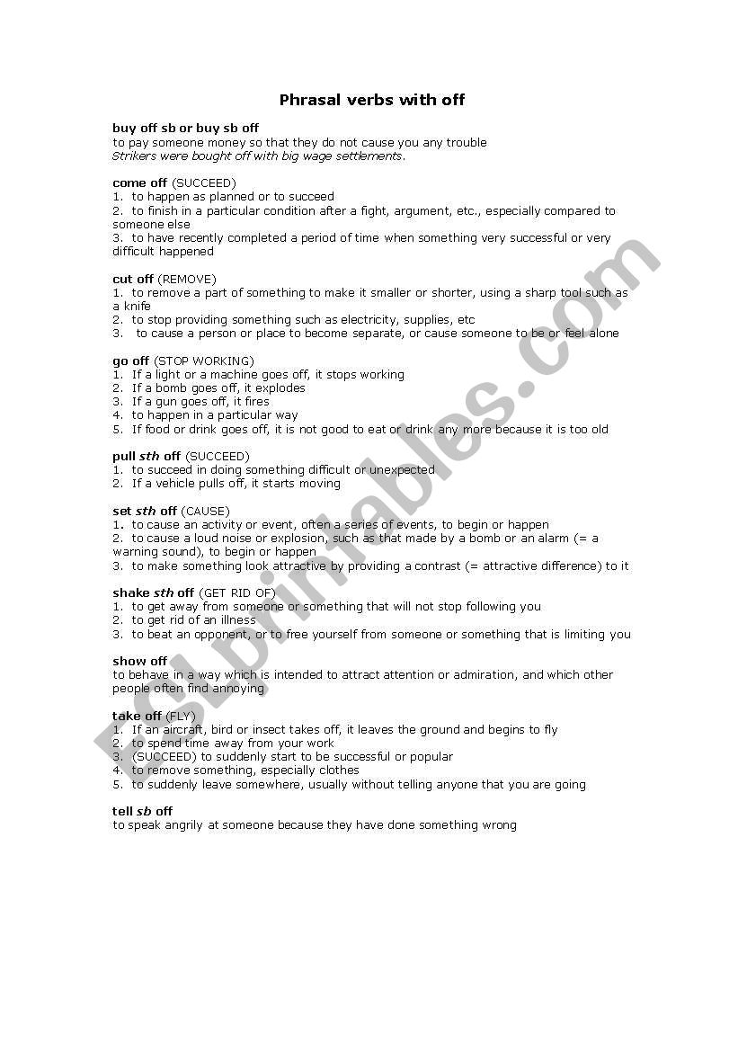 phrasal verbs with off worksheet