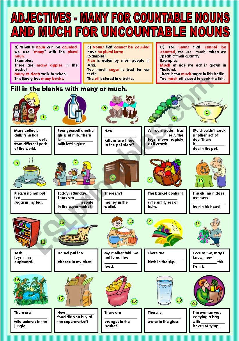 Adjectives - many for countable nouns and much for uncountable nouns