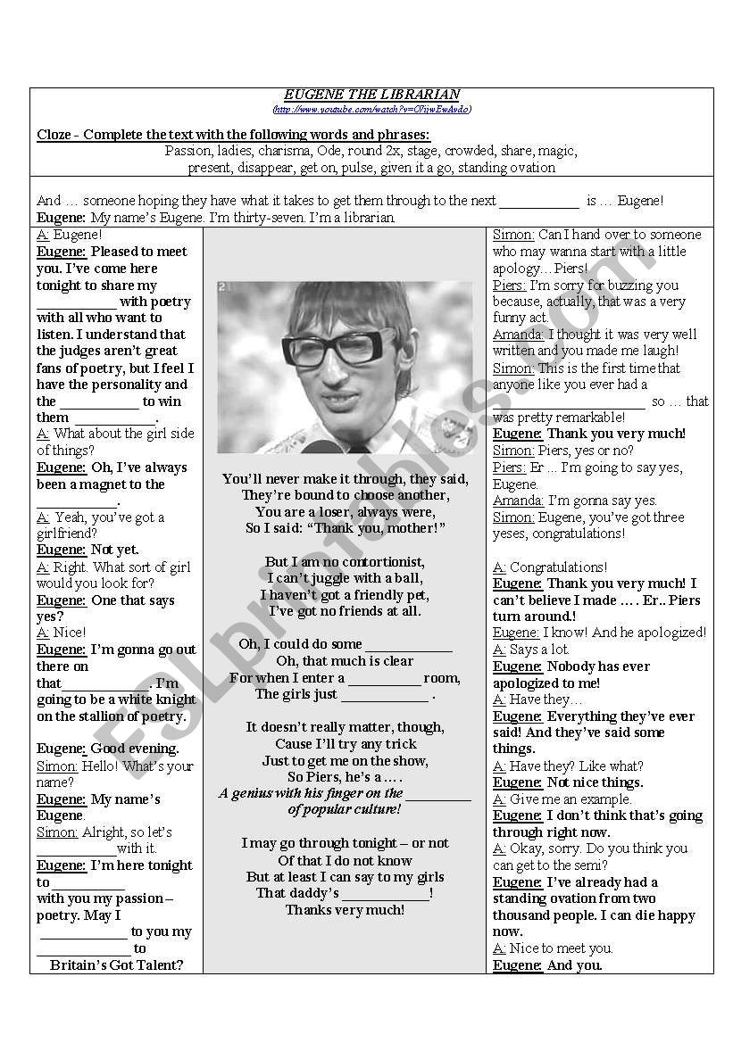 Eugene the Librarian worksheet