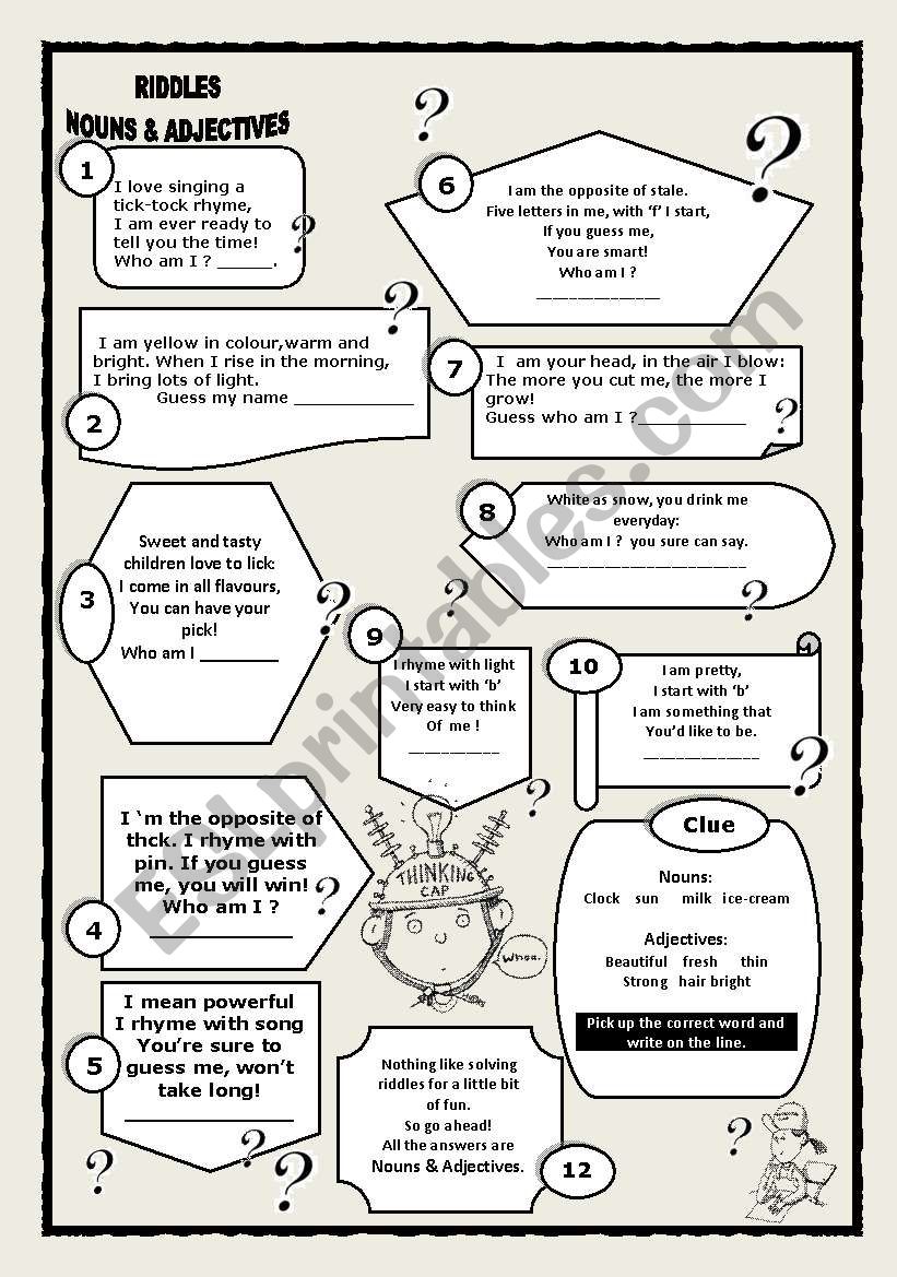 RIDDLES: Nouns & Adjectives worksheet