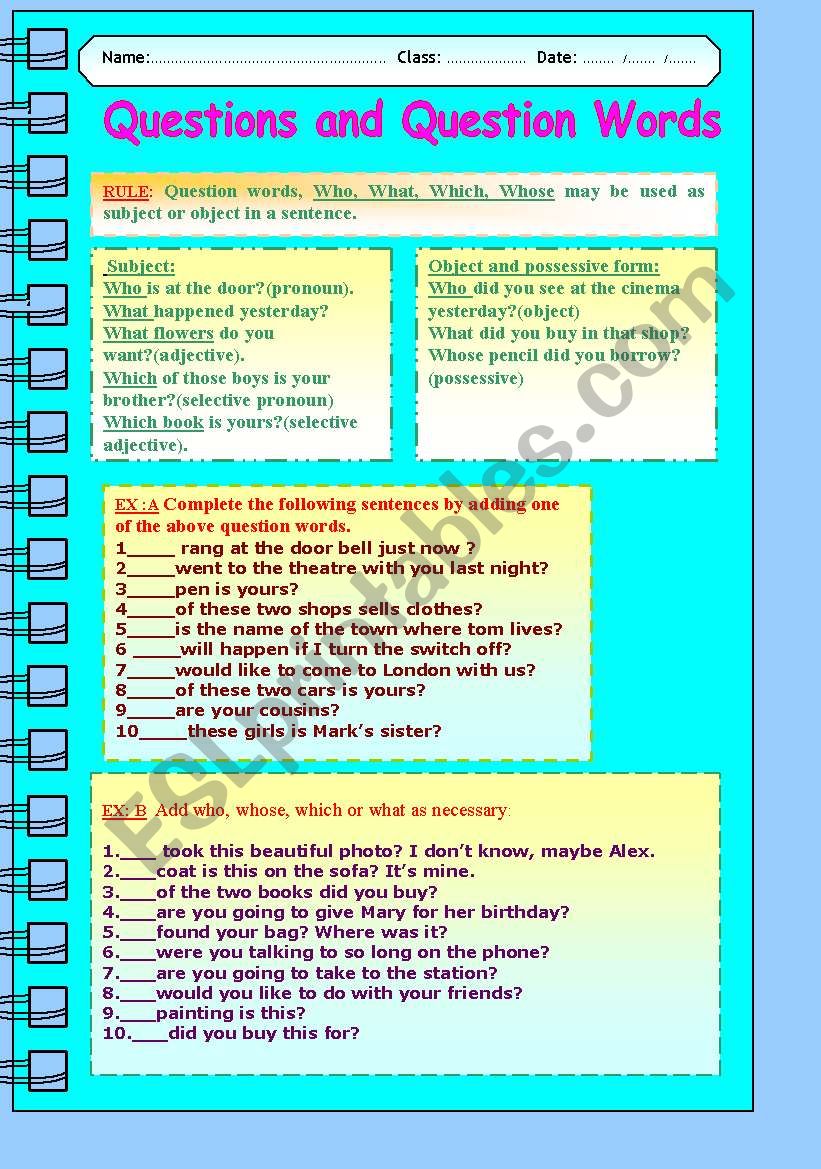 QUESTIONS  AND QUESTION WORDS worksheet