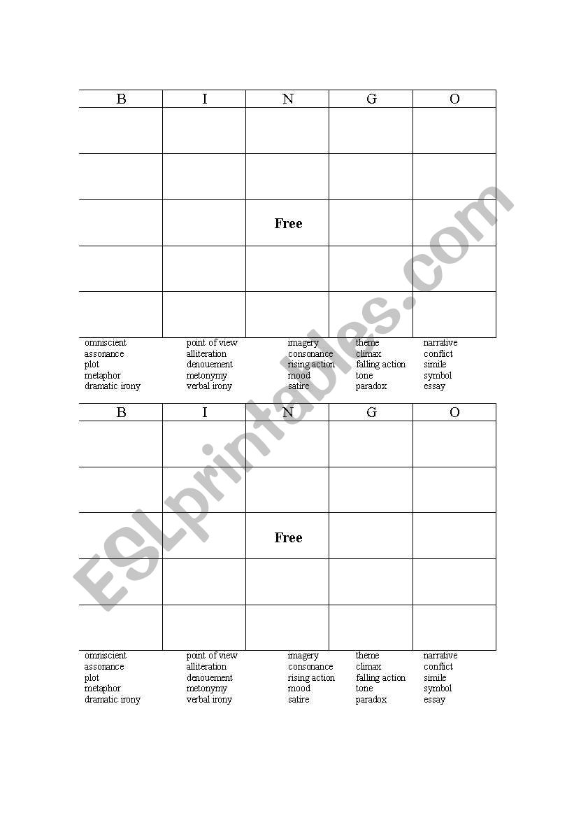 Literary Terms Bingo worksheet