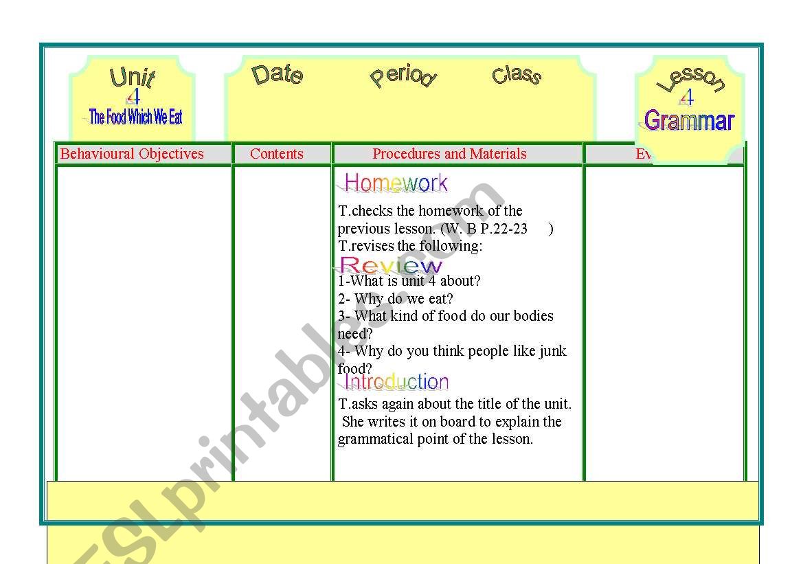 food worksheet