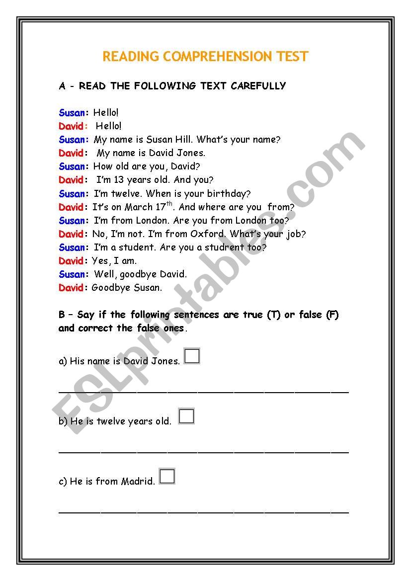 READING COMPREHENSION worksheet