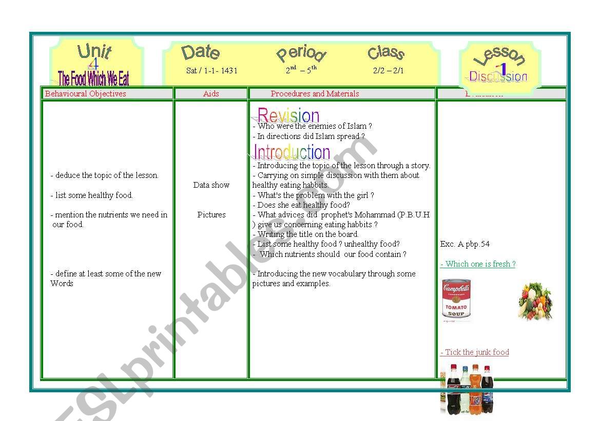 food worksheet