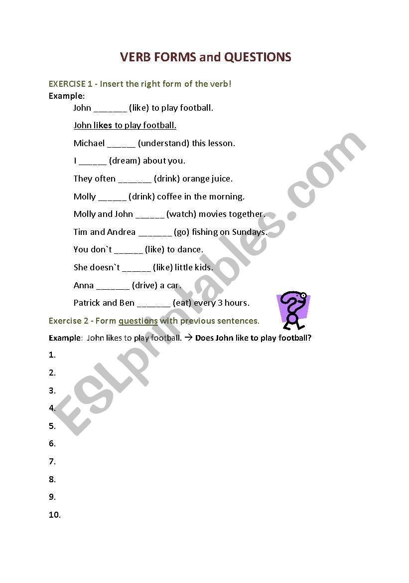 Verb forms and questions worksheet