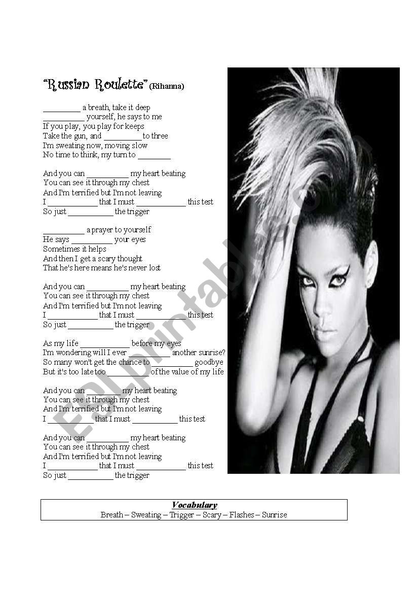 SONG, RIHANNA, RUSSIAN ROULETTE - ESL worksheet by isabel2010