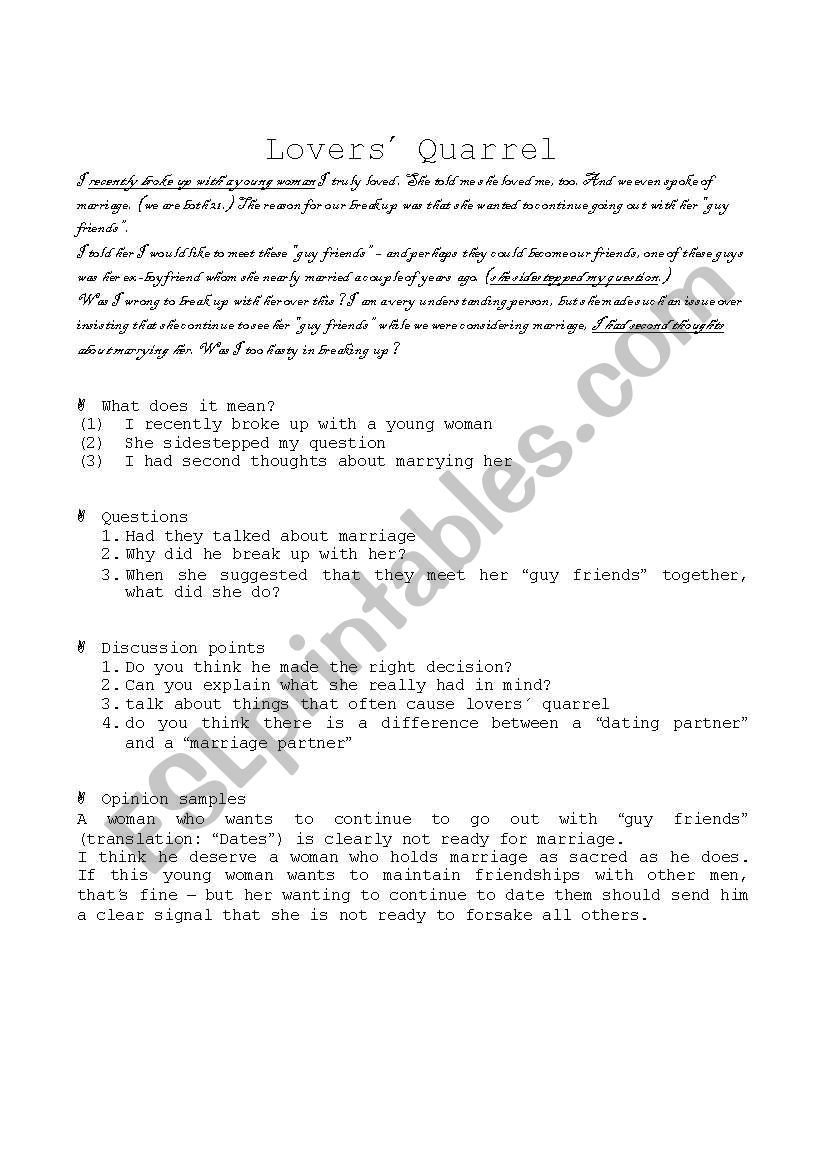 Lovers quarrel worksheet