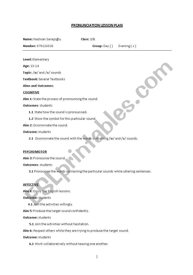 pronunciation teaching lesson plan (// /e/)