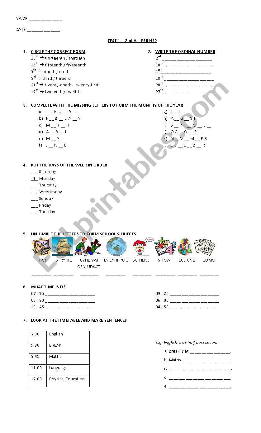 TEST: ordinal numbers, months, days, school subjects, the time