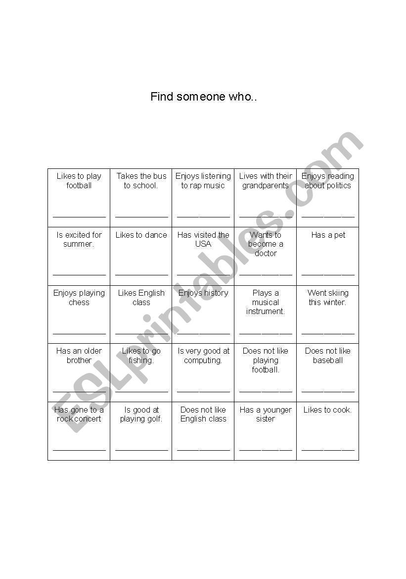 Find Someone who bingo worksheet