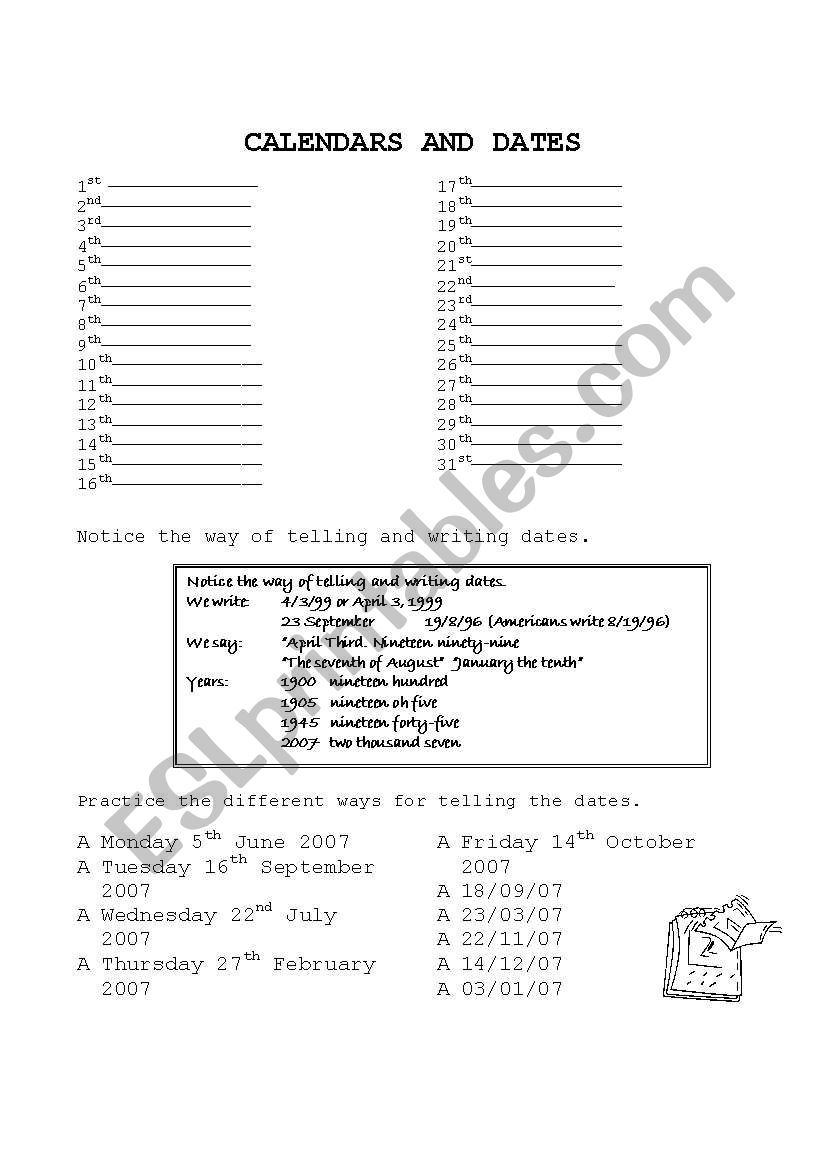 calendar and dates worksheet