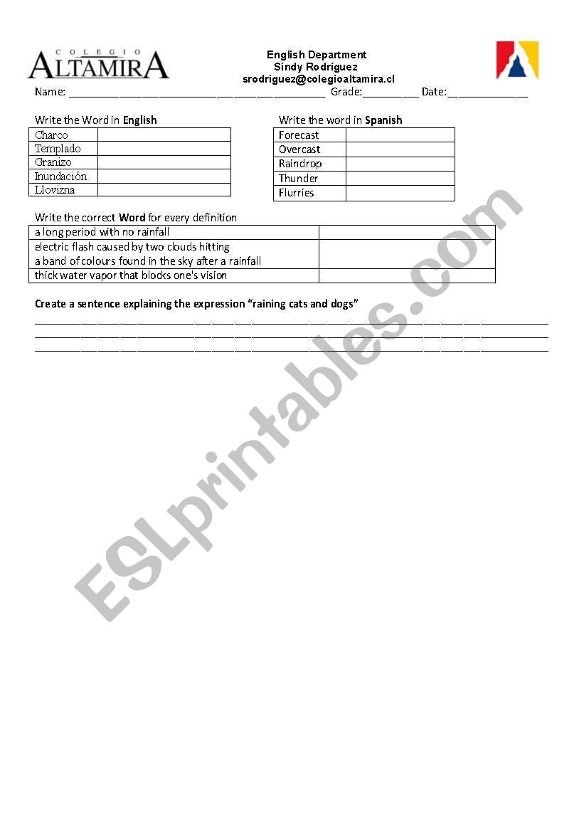 Weather vocabulary test worksheet