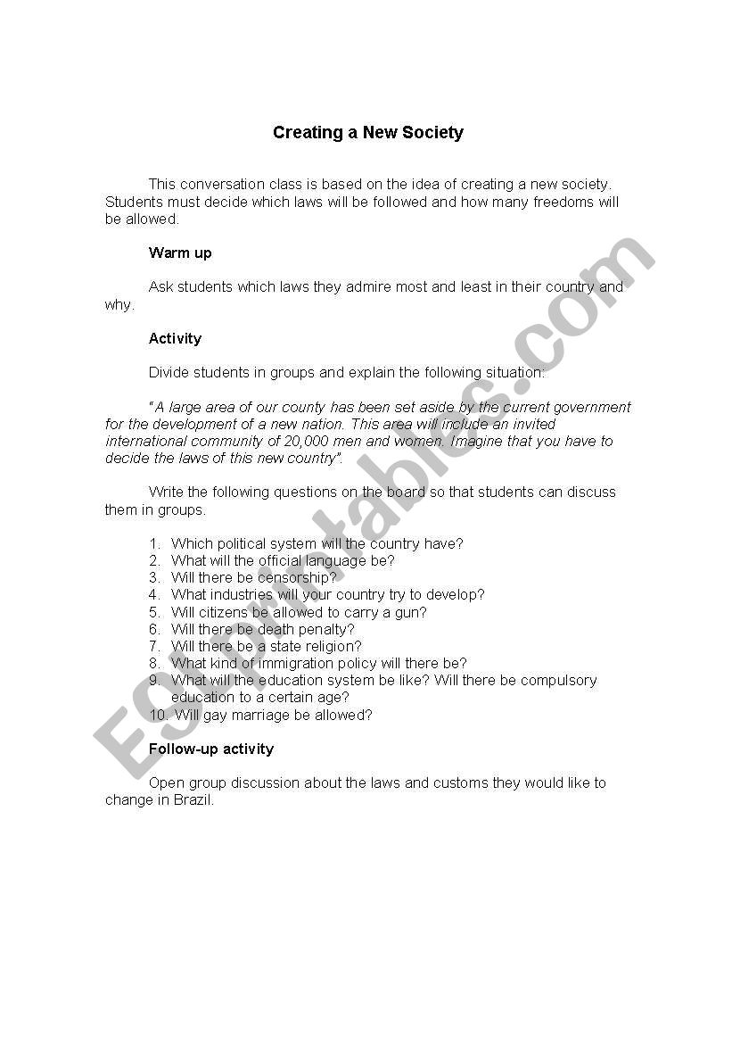 Creating a new society worksheet