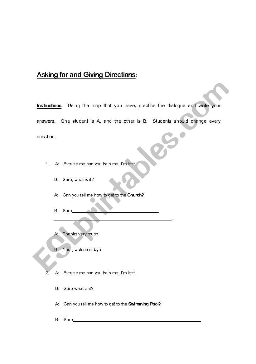 Giving Directions Dialogue worksheet