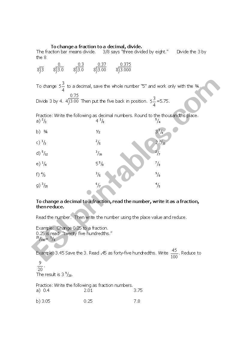 decimal and fraction conversion