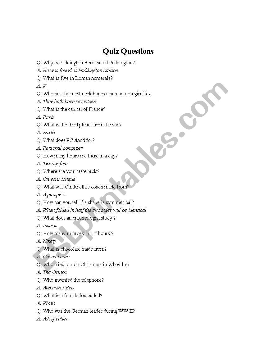 Quiz questions worksheet