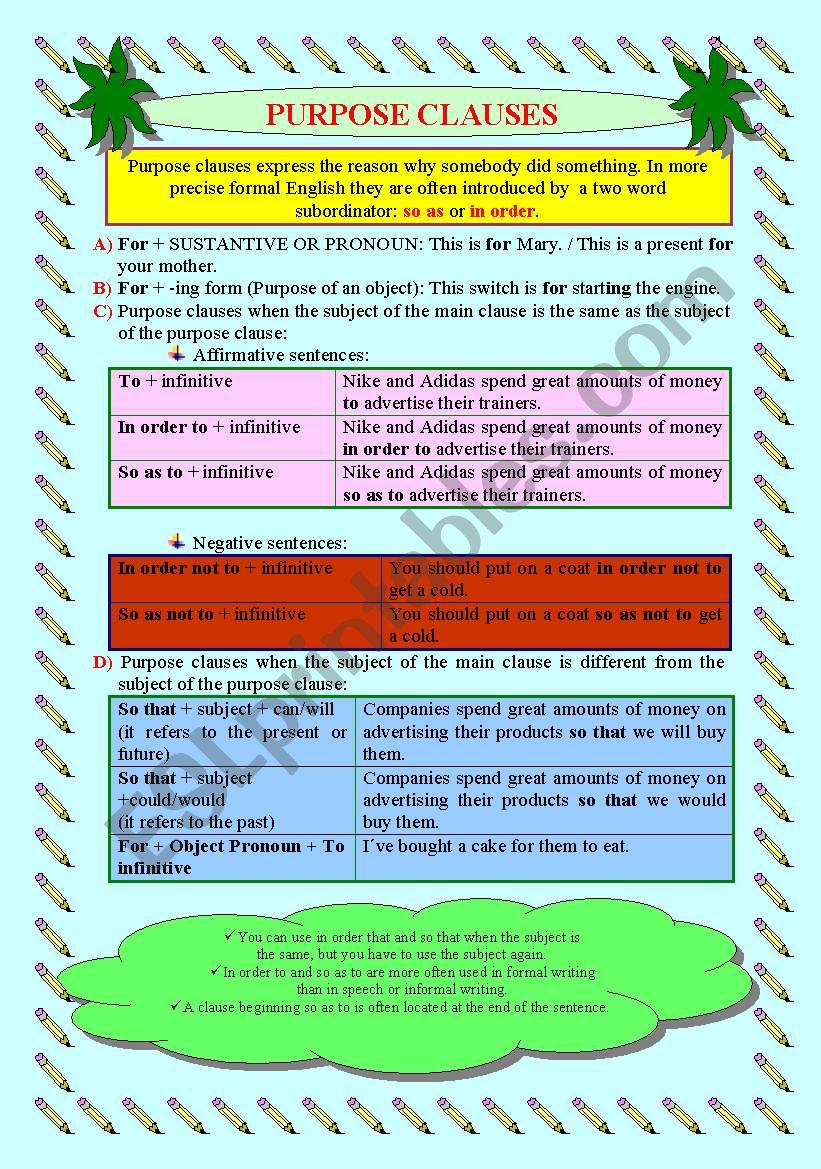 Purpose clauses worksheet