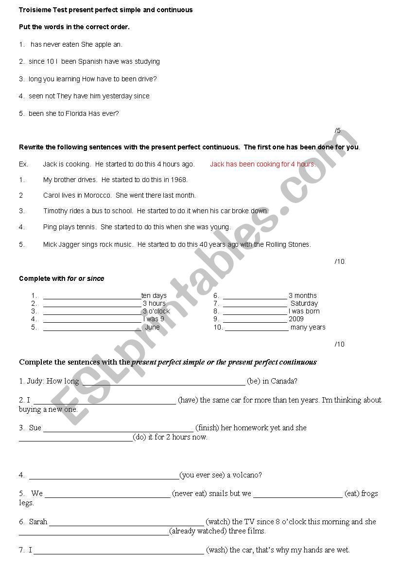 present perfect/continuous test