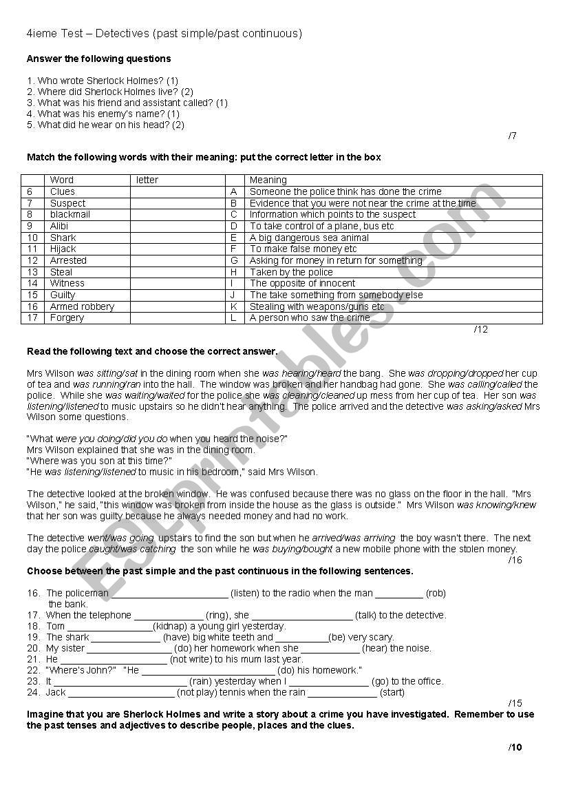 crime test worksheet