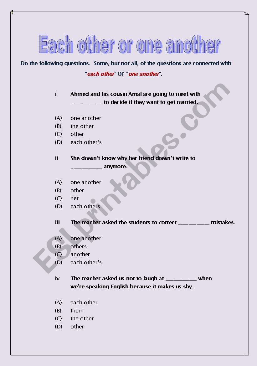 each other or one another worksheet each other or one another worksheet
