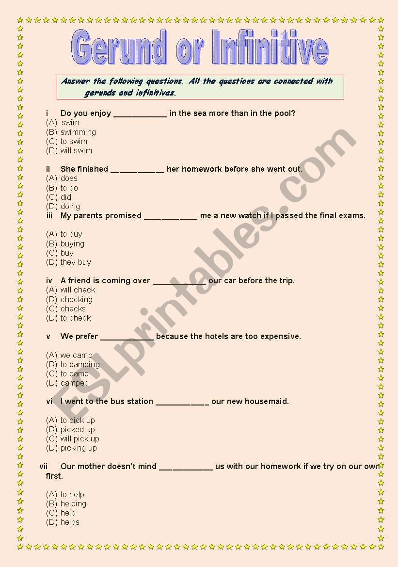 Gerund or Infinitive worksheet