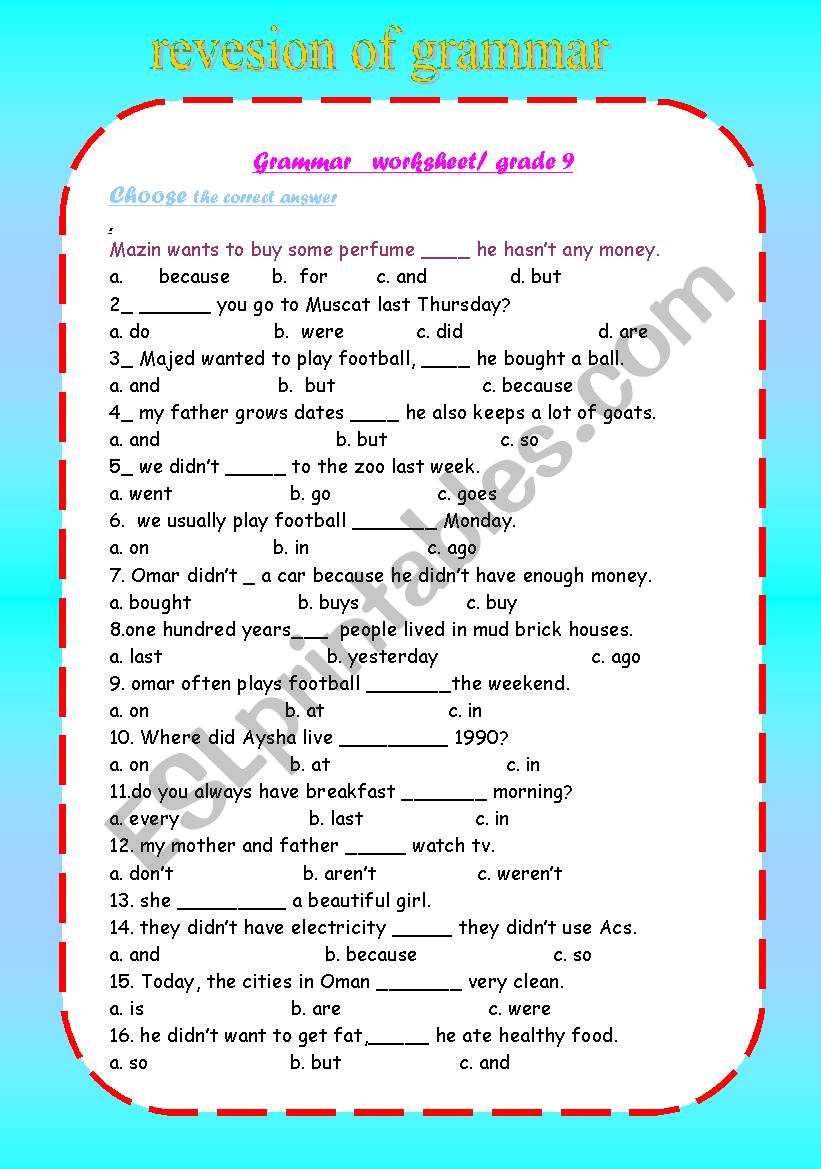 revsion of grammar worksheet