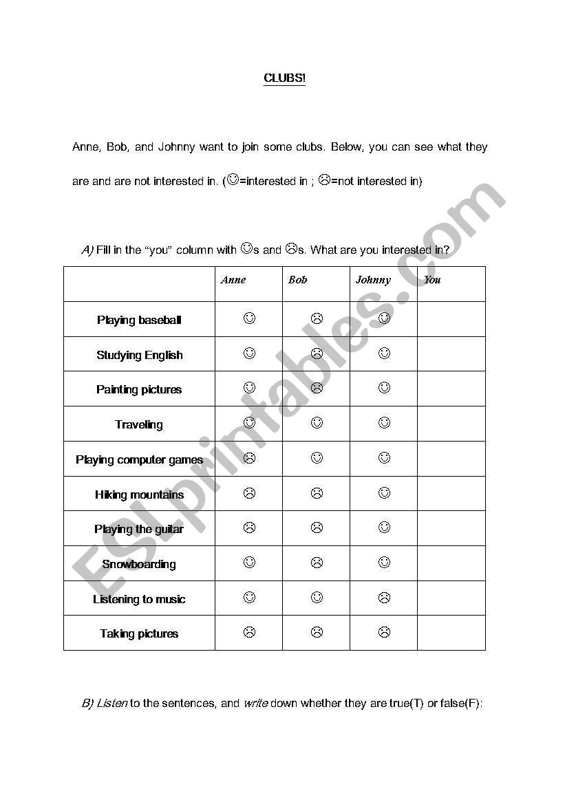 Club activities worksheet