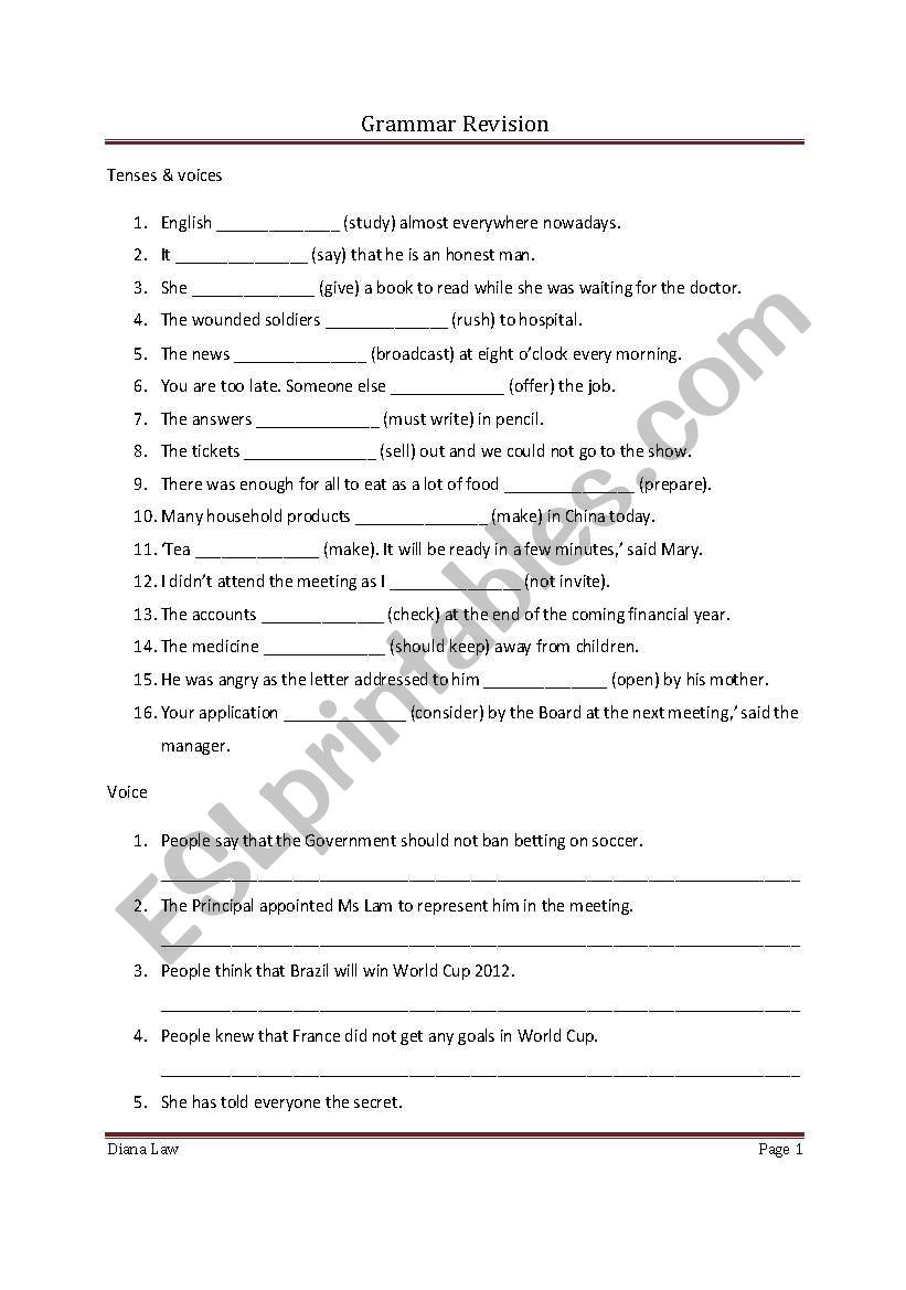 Grammar Revision worksheet