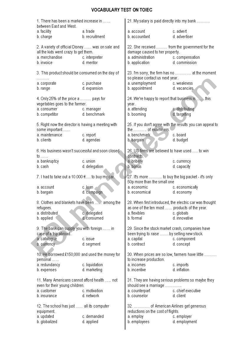 test on vocabulary for TOEIC  worksheet