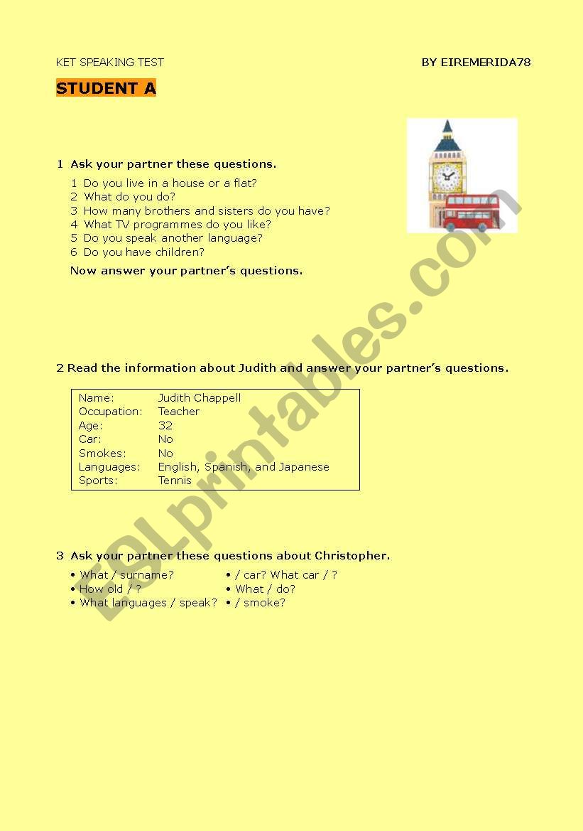 speaking test (KET format) worksheet